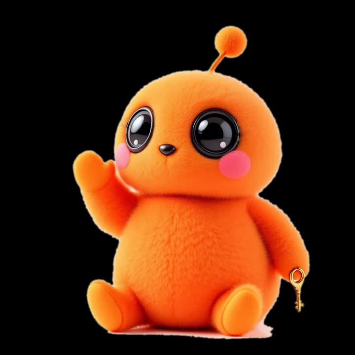 AXOS, the AuraX mascot: an orange plush character waving and holding a golden key.